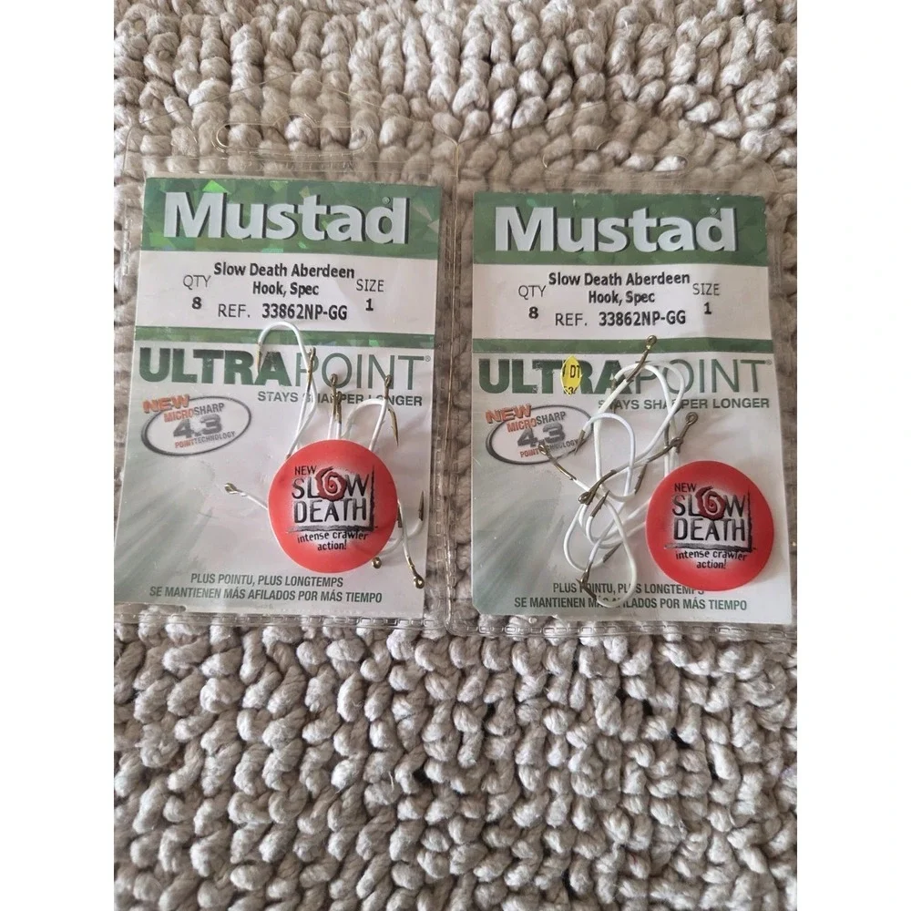 2 Pack Mustad 33862GG Glow Green Slow Death Hooks Size 1 Intense Crawler 8 Count